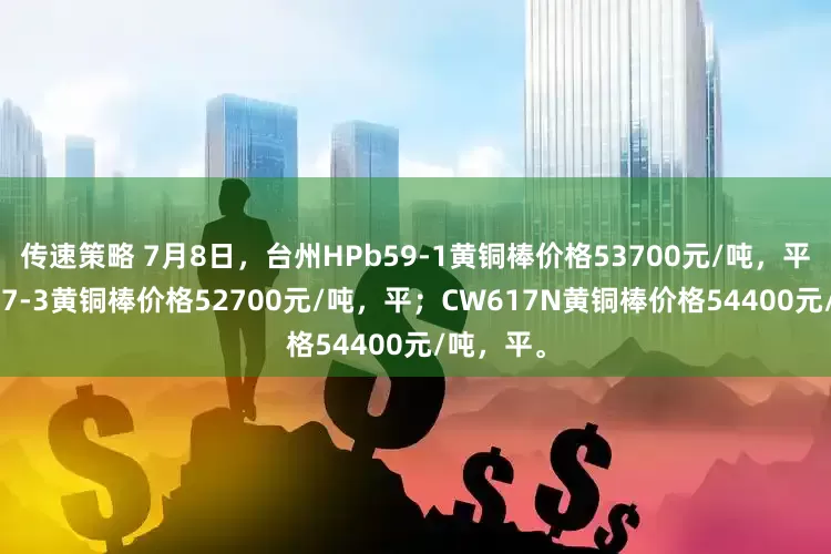 传速策略 7月8日，台州HPb59-1黄铜棒价格53700元/吨，平；HPb57-3黄铜棒价格52700元/吨，平；CW617N黄铜棒价格54400元/吨，平。